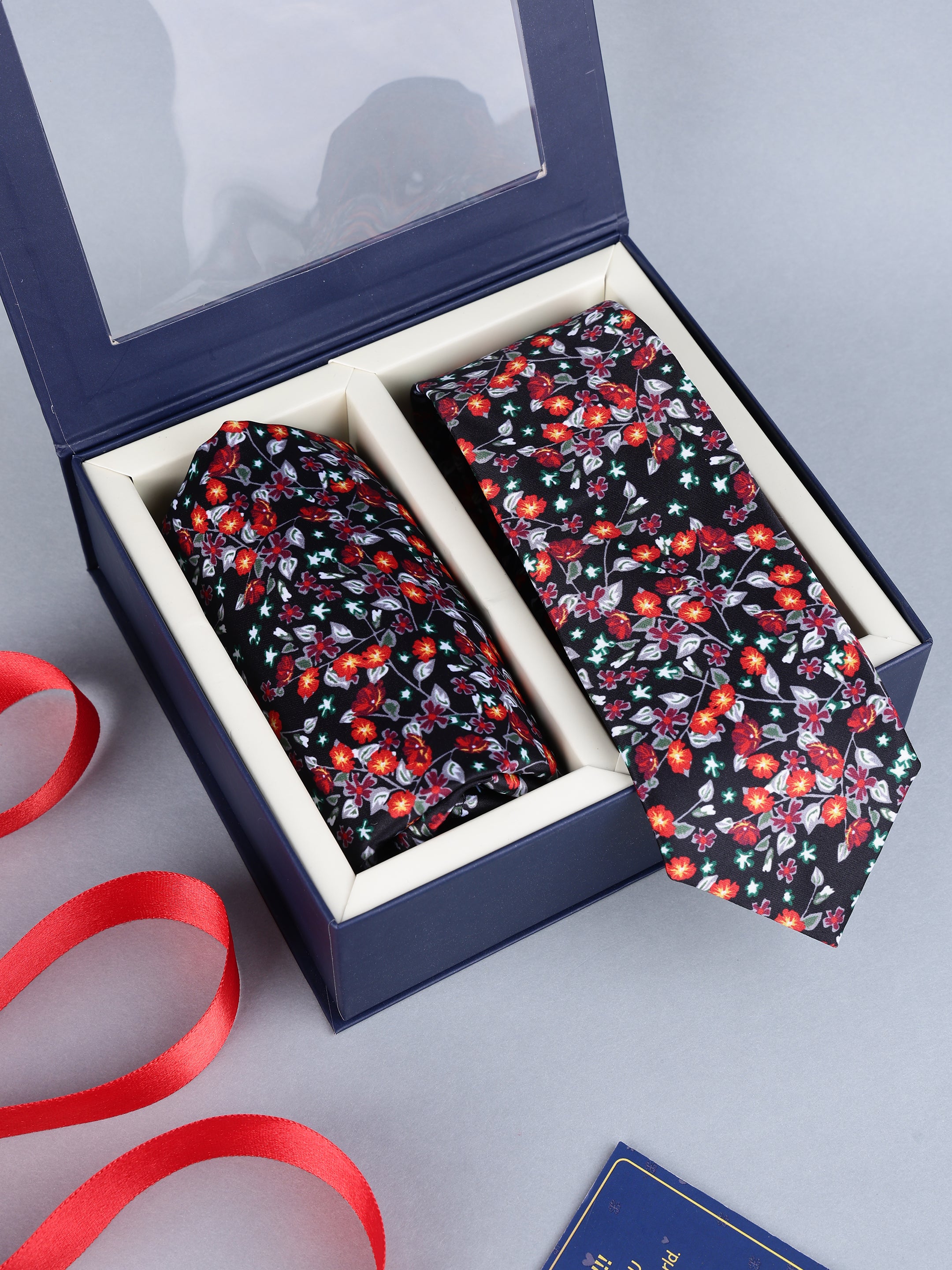 Black Floral Necktie & Pocket Square Gift Set