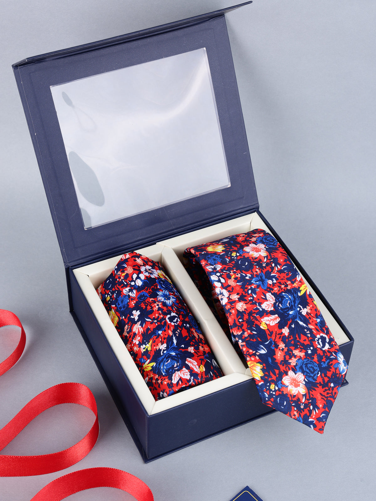 Red & Navy Bold Floral Necktie & Pocket Square Set