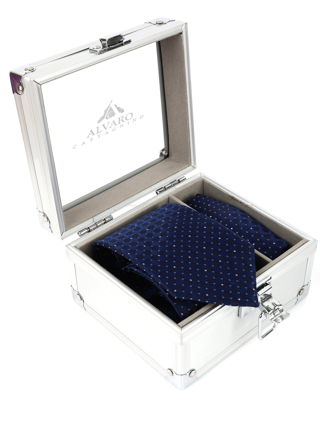 Navy Blue Micro-Geometric Grid Silk Accessories Gift Set