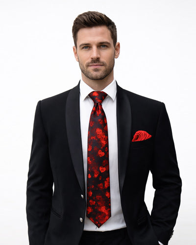 Red Abstract Heart Print Necktie with Pocket Square Valentine Gift Set