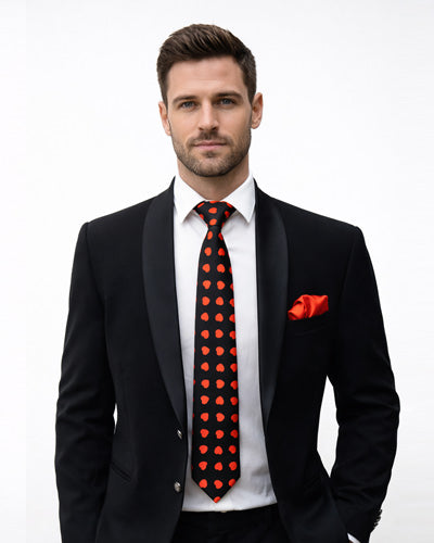 Black & Red Heart Necktie with Pocket Square Valentine Gift Set