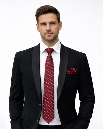 Maroon & White Heart Print Necktie with Pocket Square Valentine Gift Set