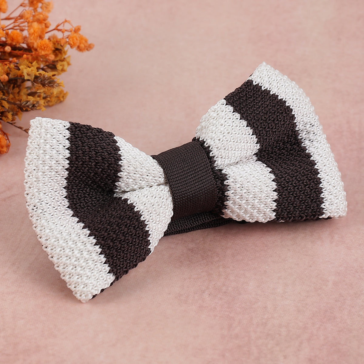 Chocolate Brown & White Striped Knit Bow Tie