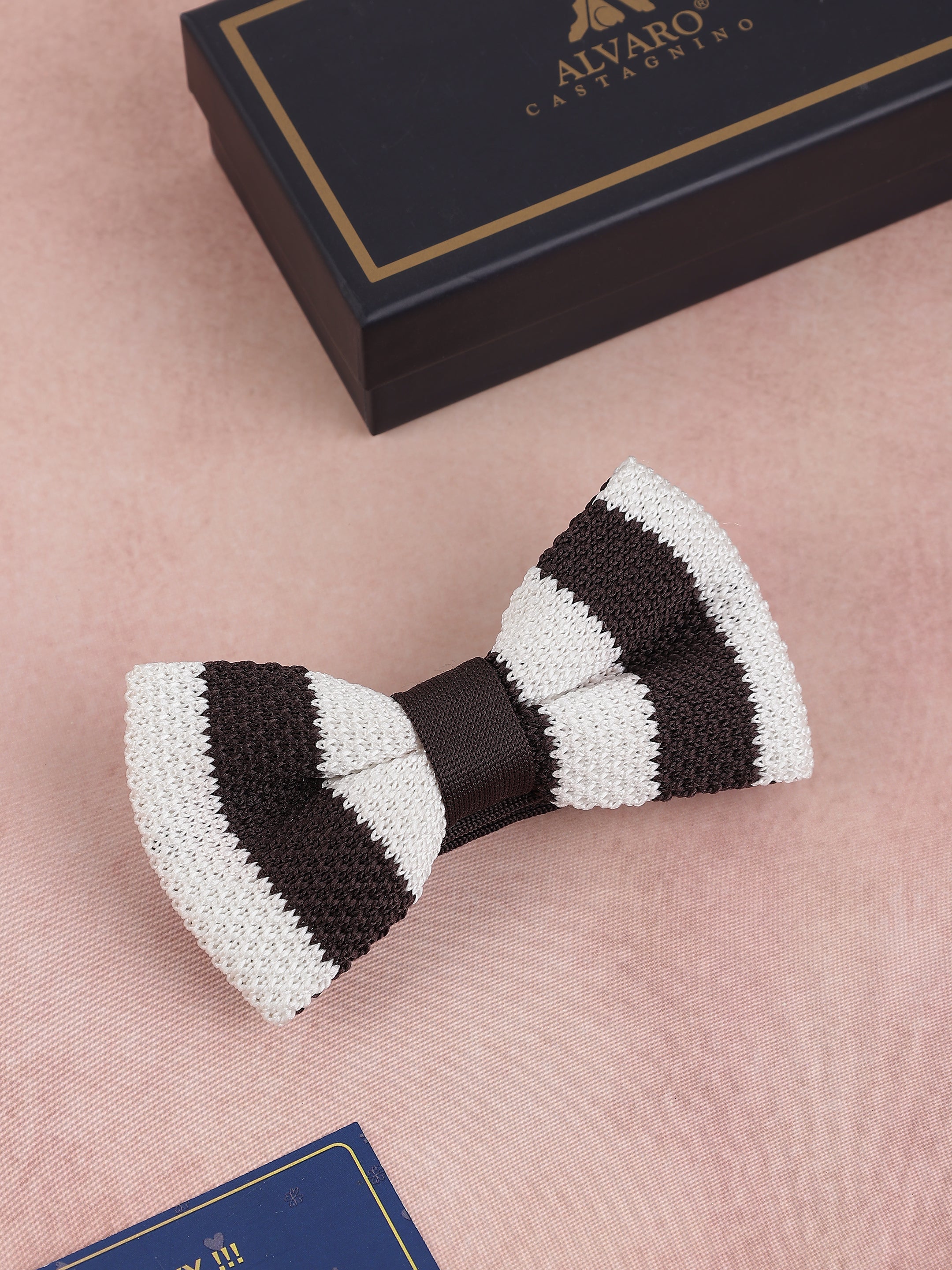 Chocolate Brown & White Striped Knit Bow Tie