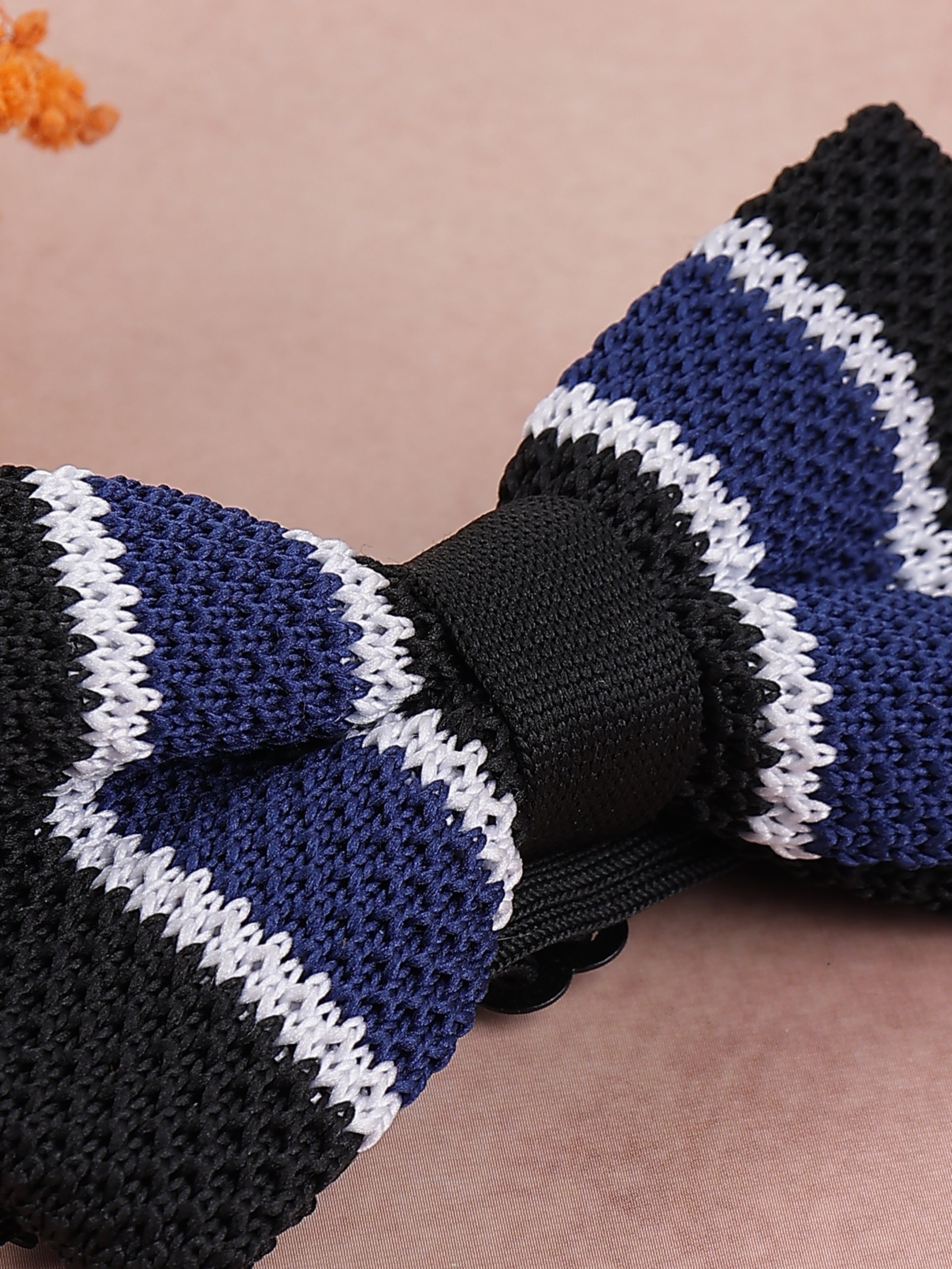 Navy Black & White Striped Knit Bow Tie