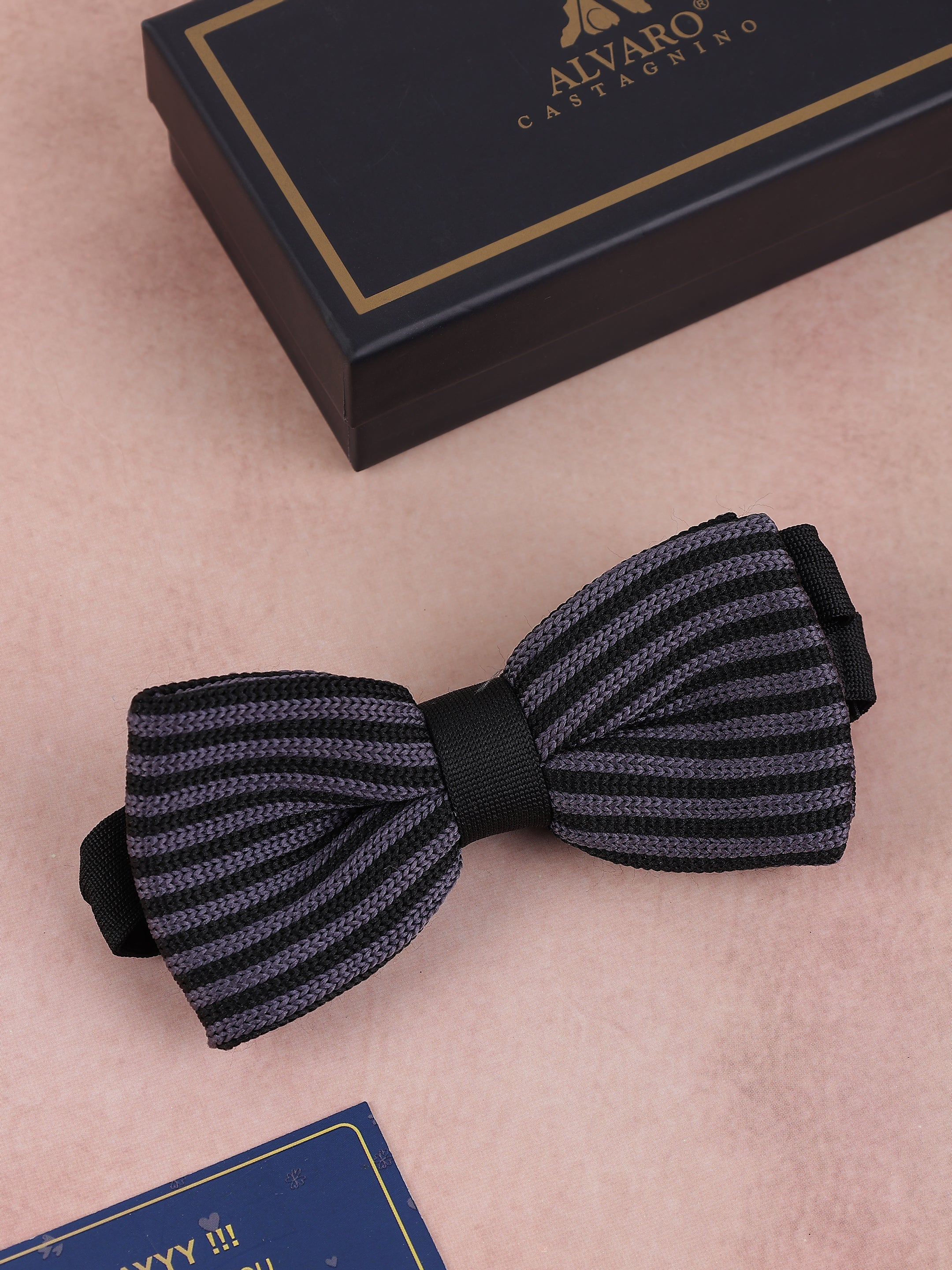 Charcoal Grey & Black Striped Knit Bow Tie