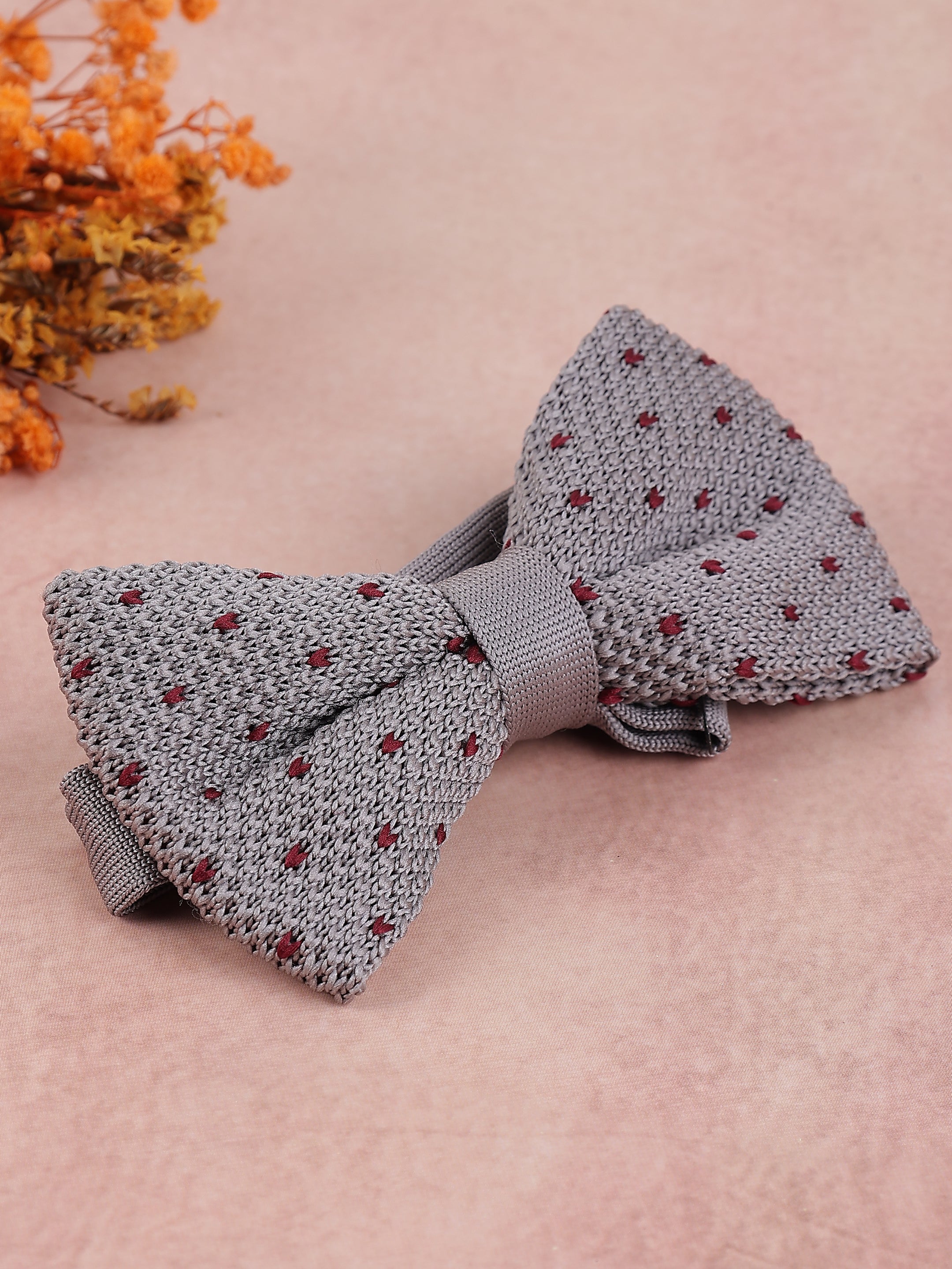 Grey & Burgundy Dotted Knit Bow Tie