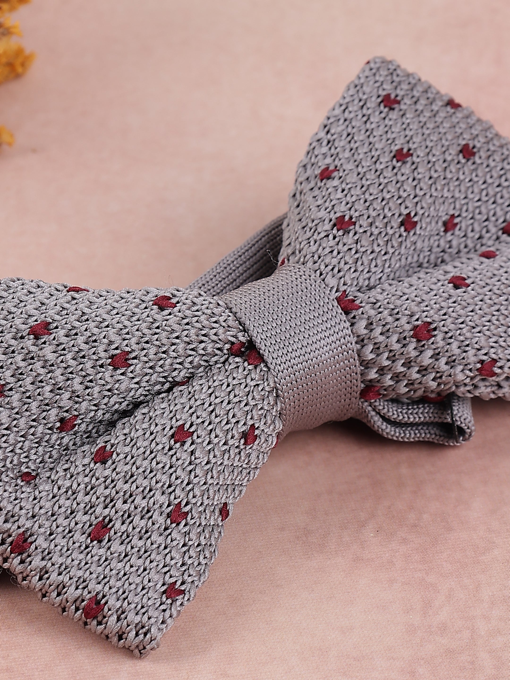 Grey & Burgundy Dotted Knit Bow Tie