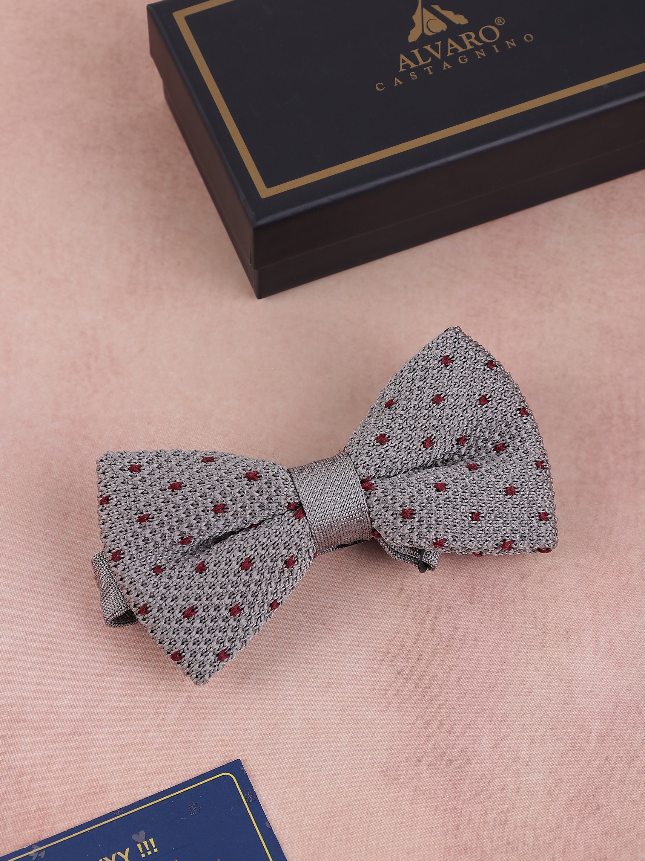 Grey & Burgundy Dotted Knit Bow Tie