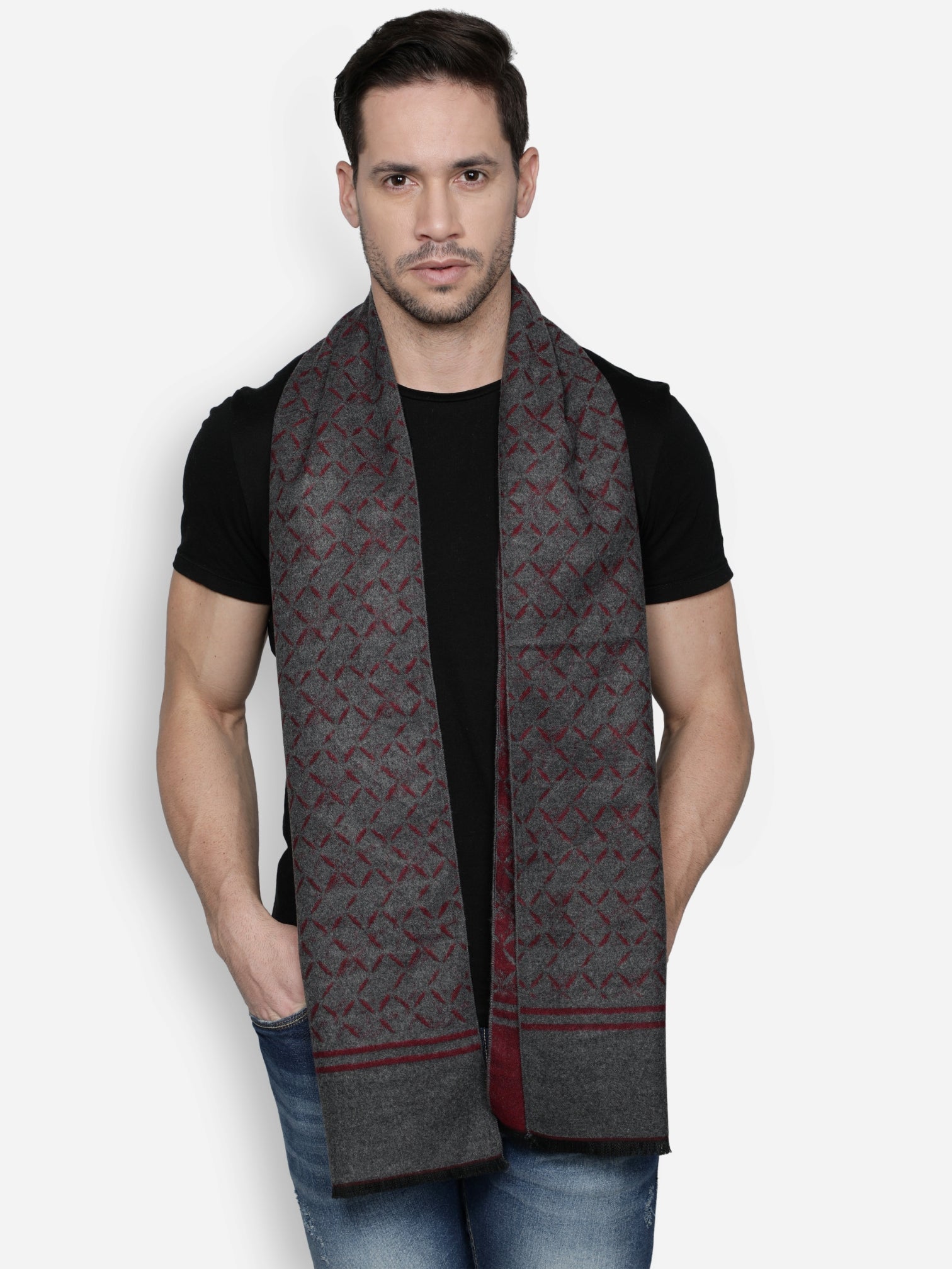 Alvaro Castagnino Men's Maroon::Grey Colored Viscose Muffler
