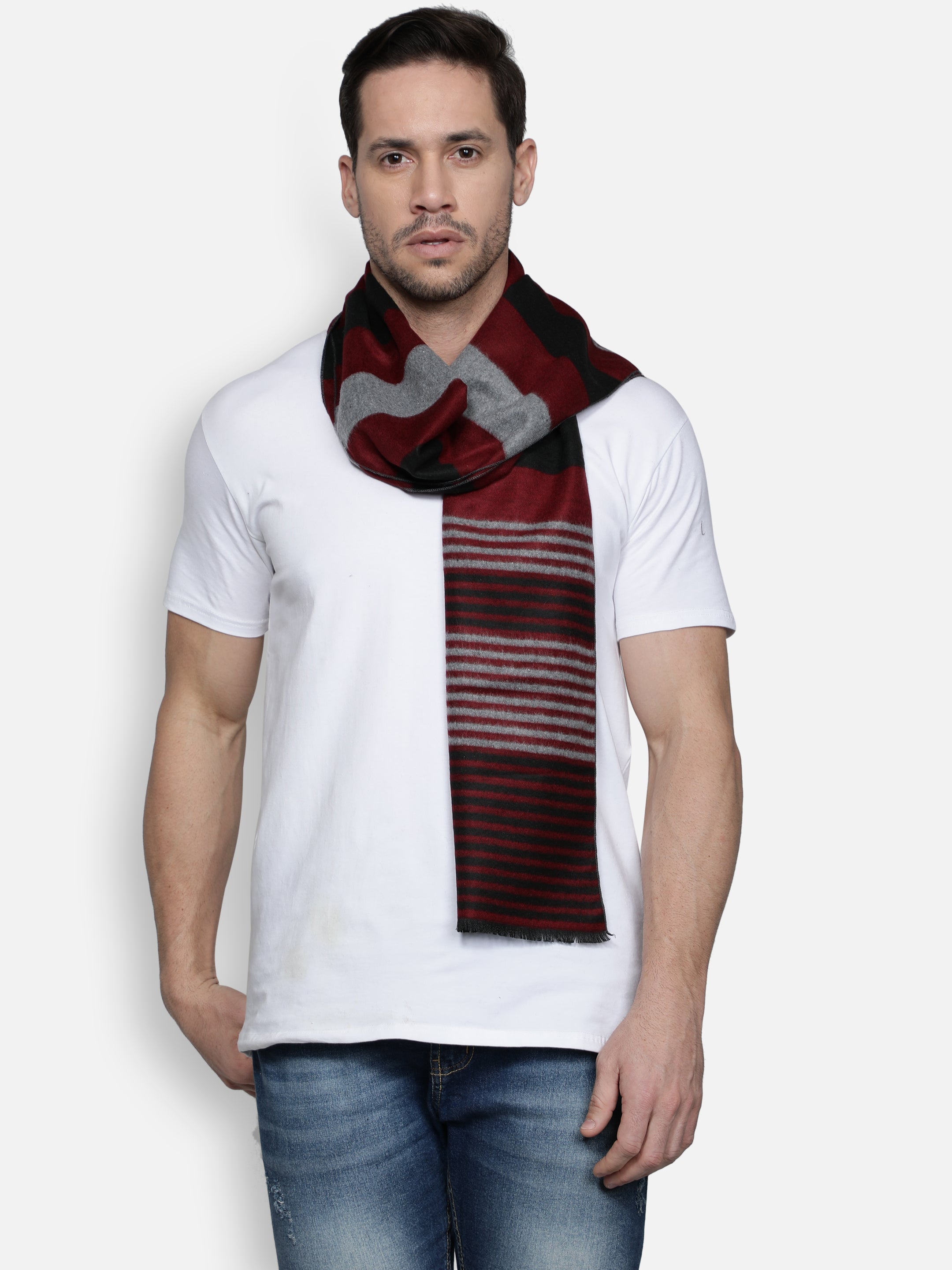 Alvaro Castagnino Men's Maroon::Black::Beige Colored Viscose Muffler