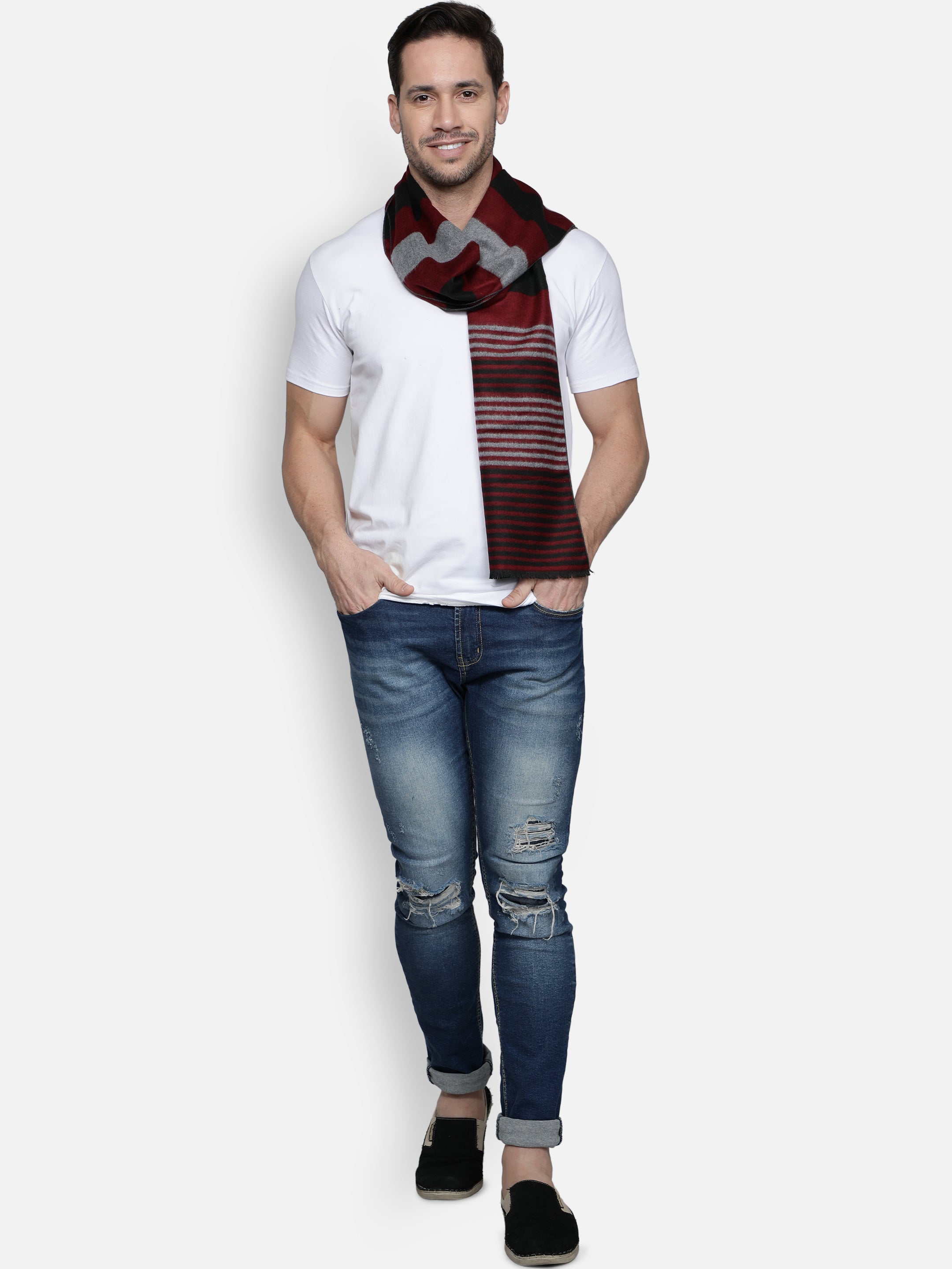 Alvaro Castagnino Men's Maroon::Black::Beige Colored Viscose Muffler