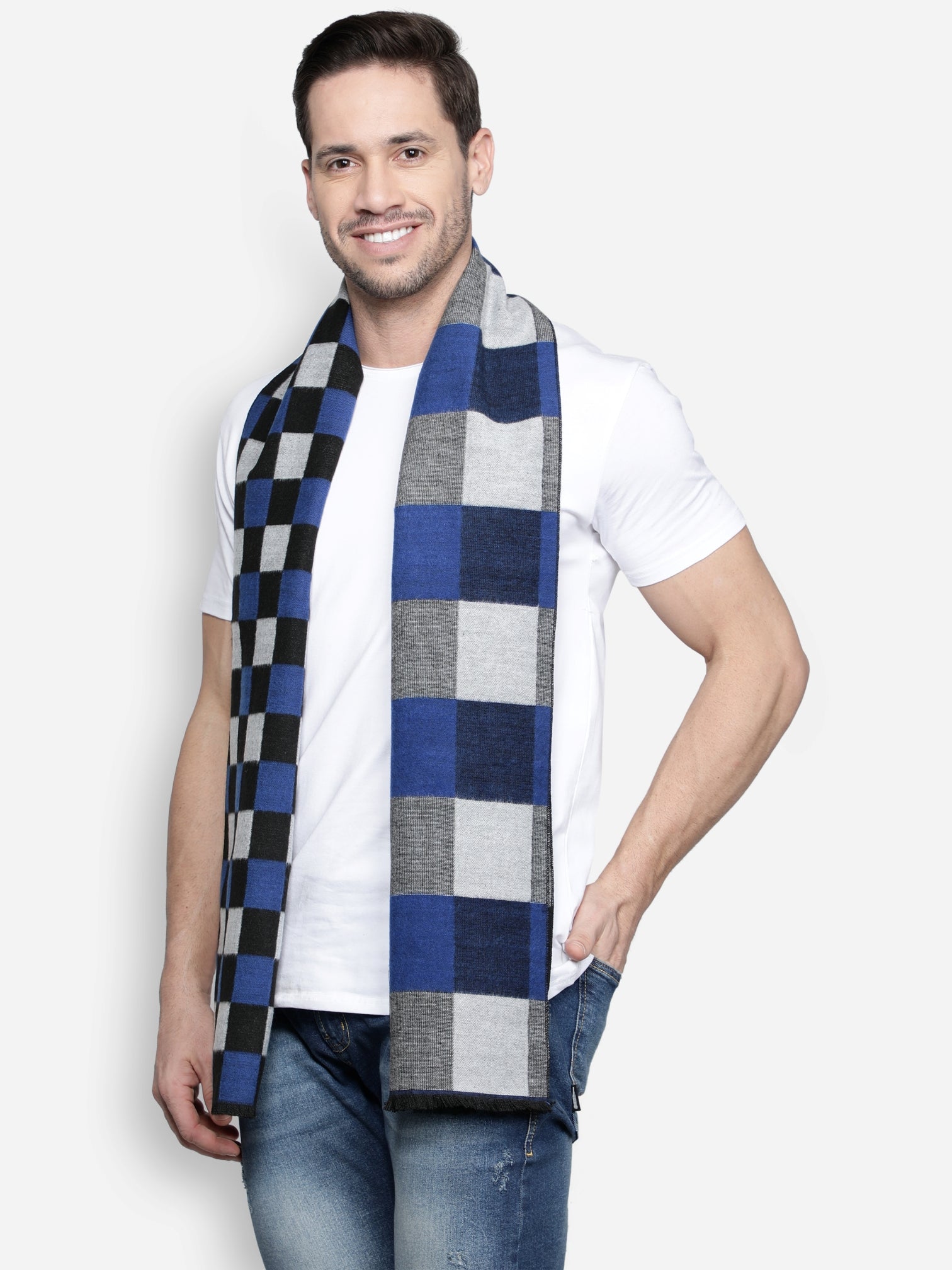 Alvaro Castagnino Men's Blue::Grey Colored Check Viscose Muffler