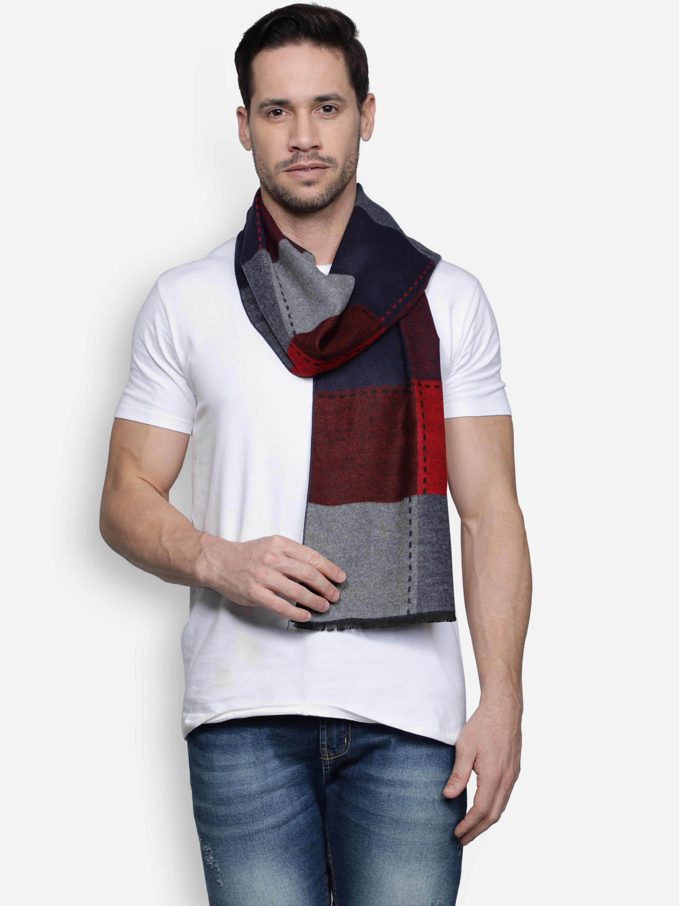 Alvaro Castagnino Men's Grey::Maroon::Blue Colored Check Viscose Muffler