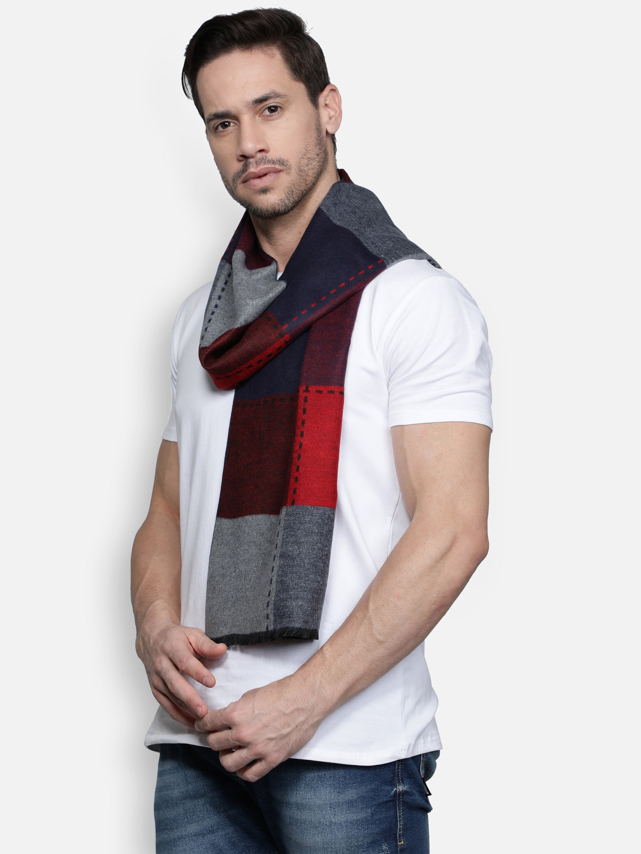 Alvaro Castagnino Men's Grey::Maroon::Blue Colored Check Viscose Muffler