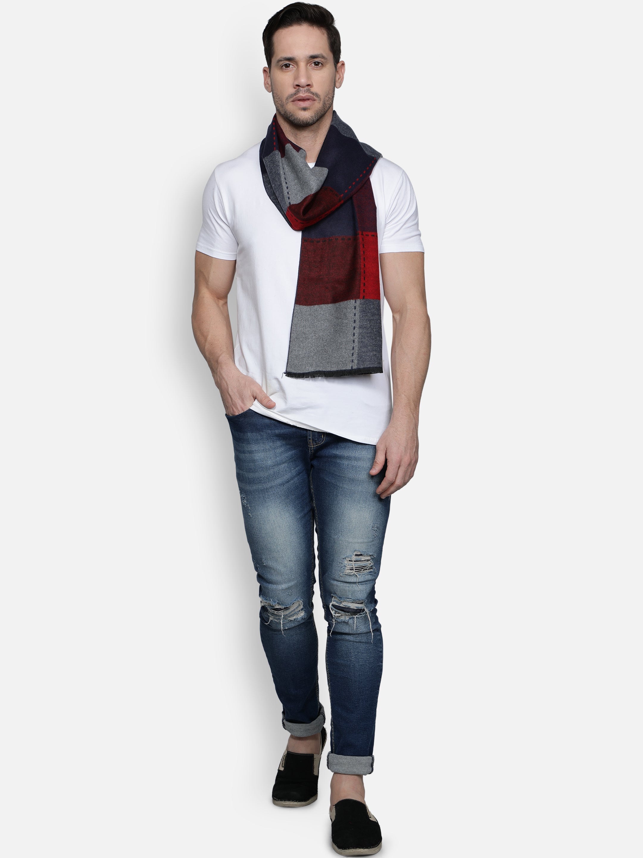 Alvaro Castagnino Men's Grey::Maroon::Blue Colored Check Viscose Muffler