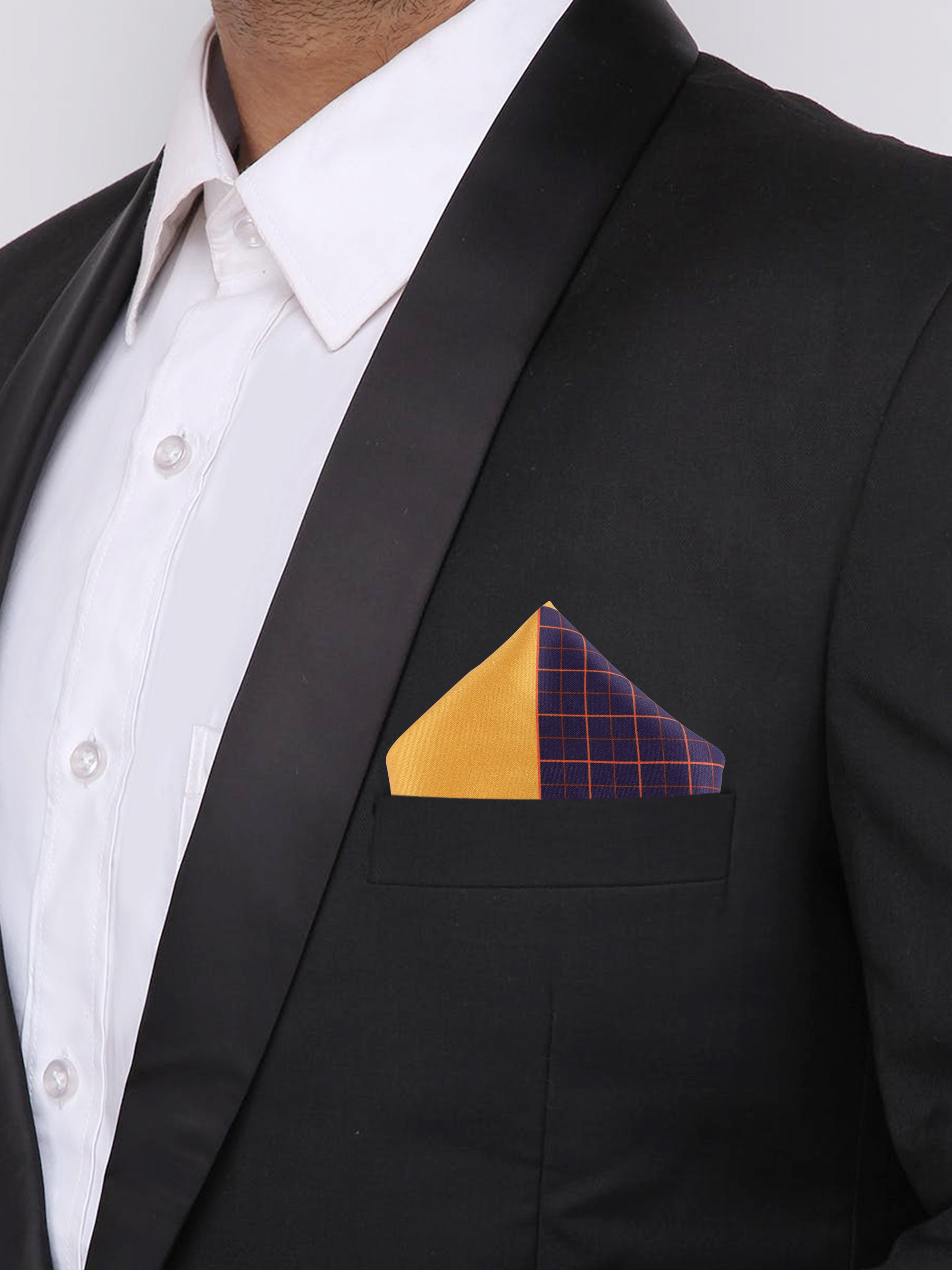 Yellow & Navy Blue Checked Pocket Square