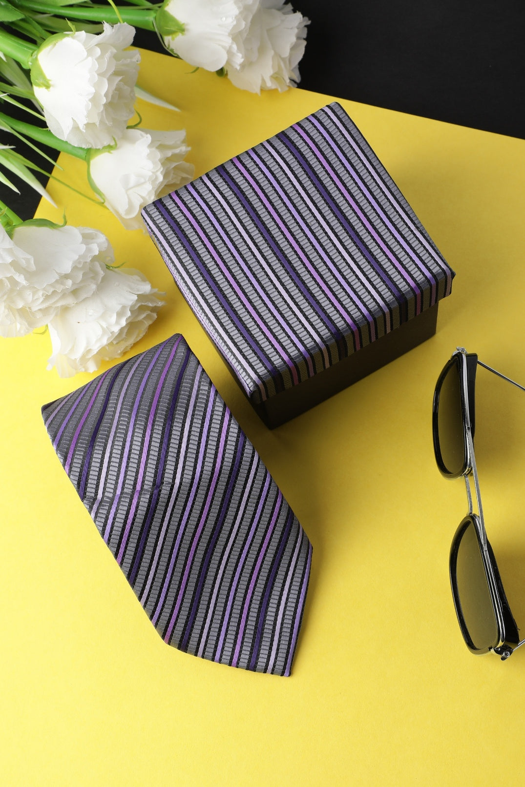 Alvaro Castagnino Microfiber Violet::Grey Colored Stripes Necktie for Men