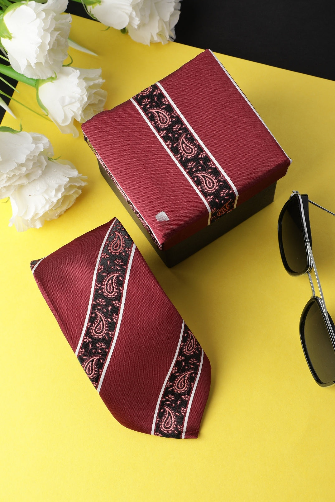 Maroon Paisley Striped Necktie