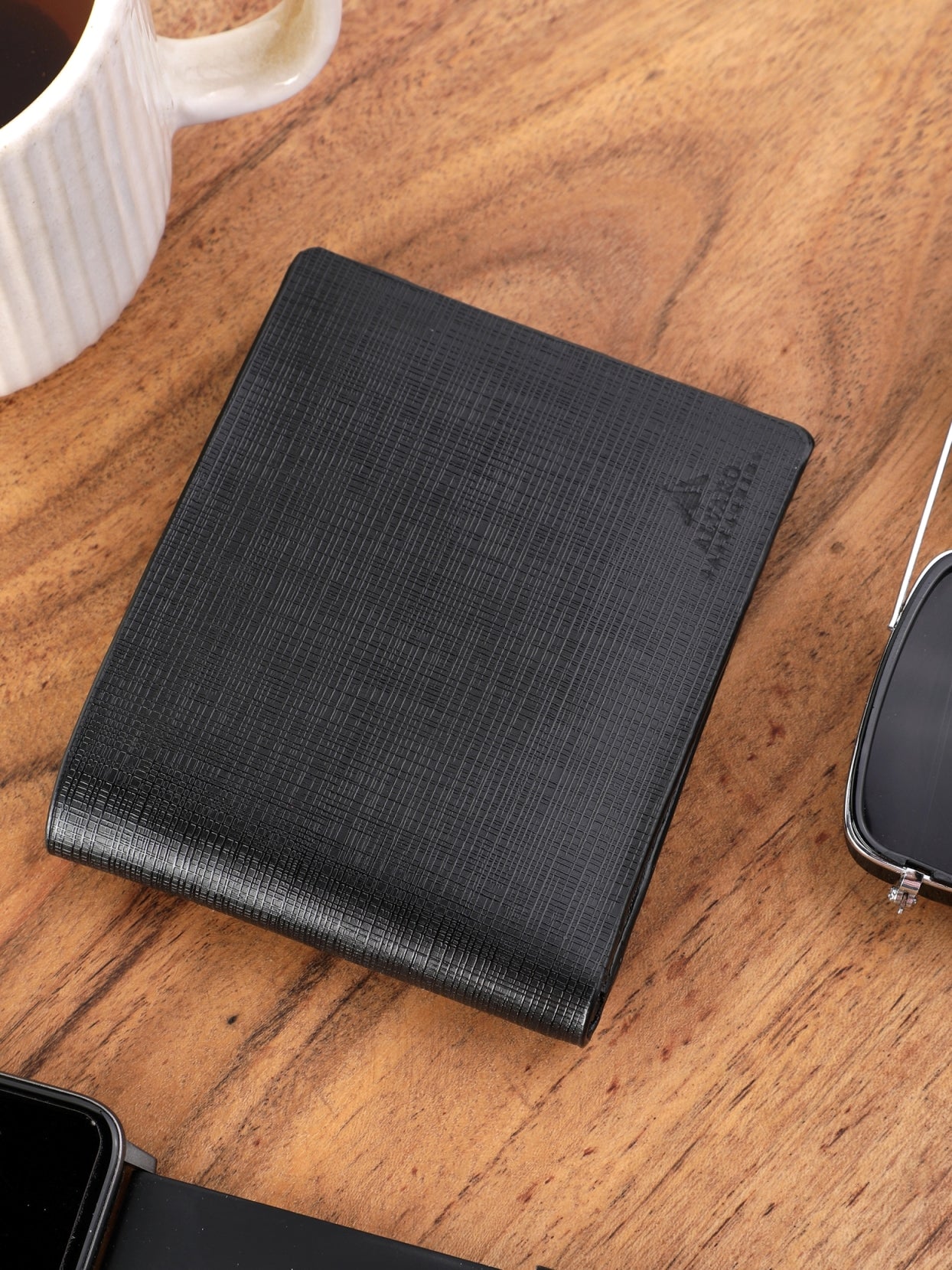 Grid-Textured Black Leather  Wallet